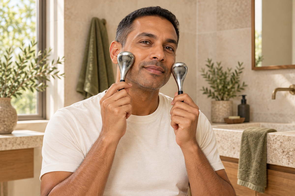 Illustrative lifestyle image of a man using stainless steel cooling wands on his cheeks.